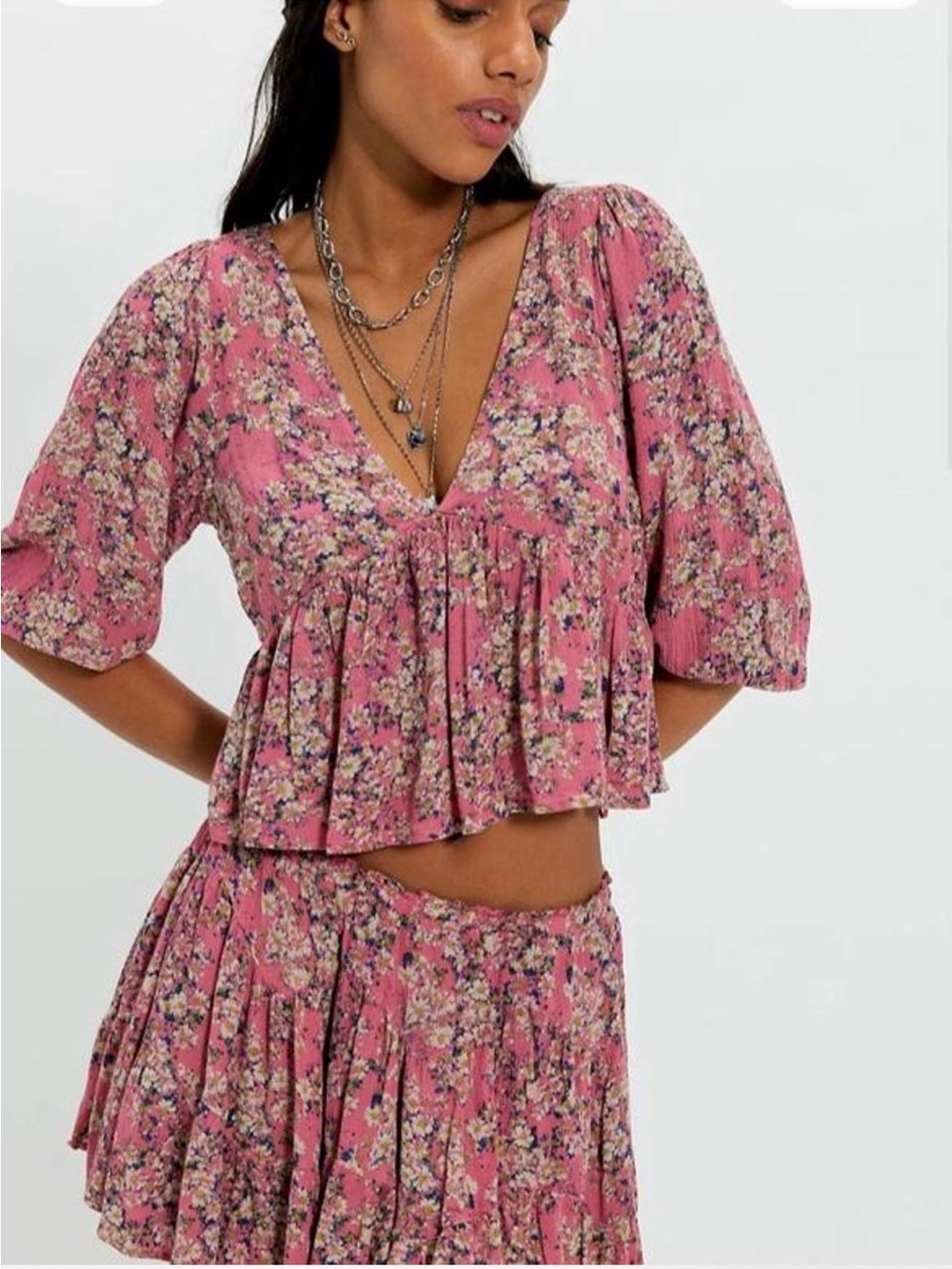 NWT Free People Pershing Printed Set in Pink Combo - TOP ONLY